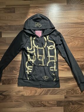 Joshua perets Black Zip Hoodie with Gold Logo Print